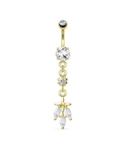 Bauchnabelpiercing mit Kreuz und 3 Kristallen mit goldfarbiger Beschichtung