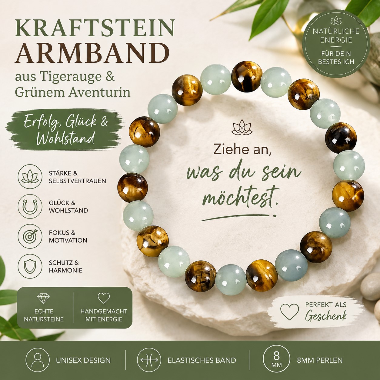 Kraftstein Armband – Tigerauge & Grünem Aventurin – Erfolg, Glück & Wohlstand – Bild 3
