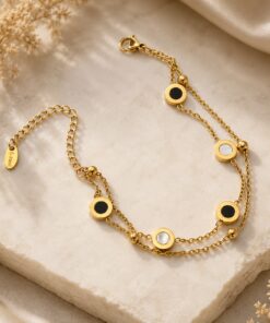 Damenarmband mit 18K Gold PVD beschichtet – Doppelreihiges Design Schwarz/Weiß